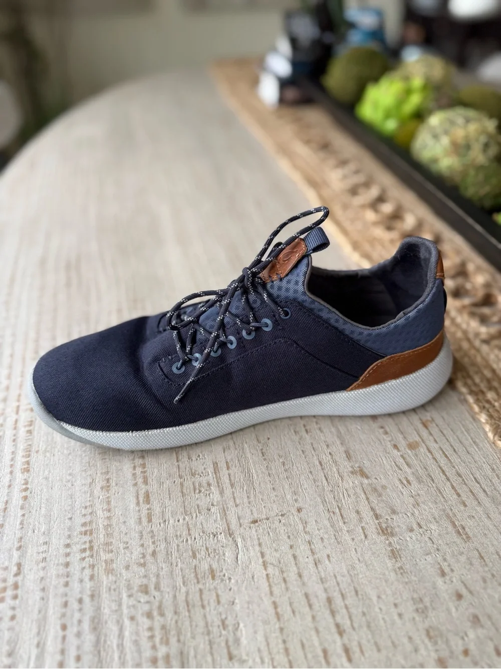 OluKai Navy Canvas Lace-Up Sneakers with Brown Leather Accents like new!